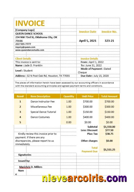 Dance School Invoice